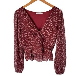 Lush Long Sleeve V-Neck Cropped Blouse